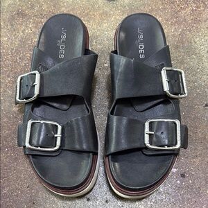 J/Slides Black Leather platform Sandals with Silver Buckles